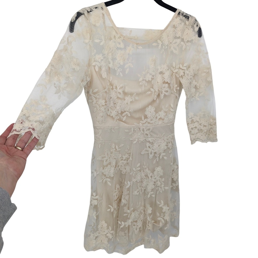 Fairycore Lace Sheer Mini Dress Womens Small Cream Floral Romantic Delicate‎